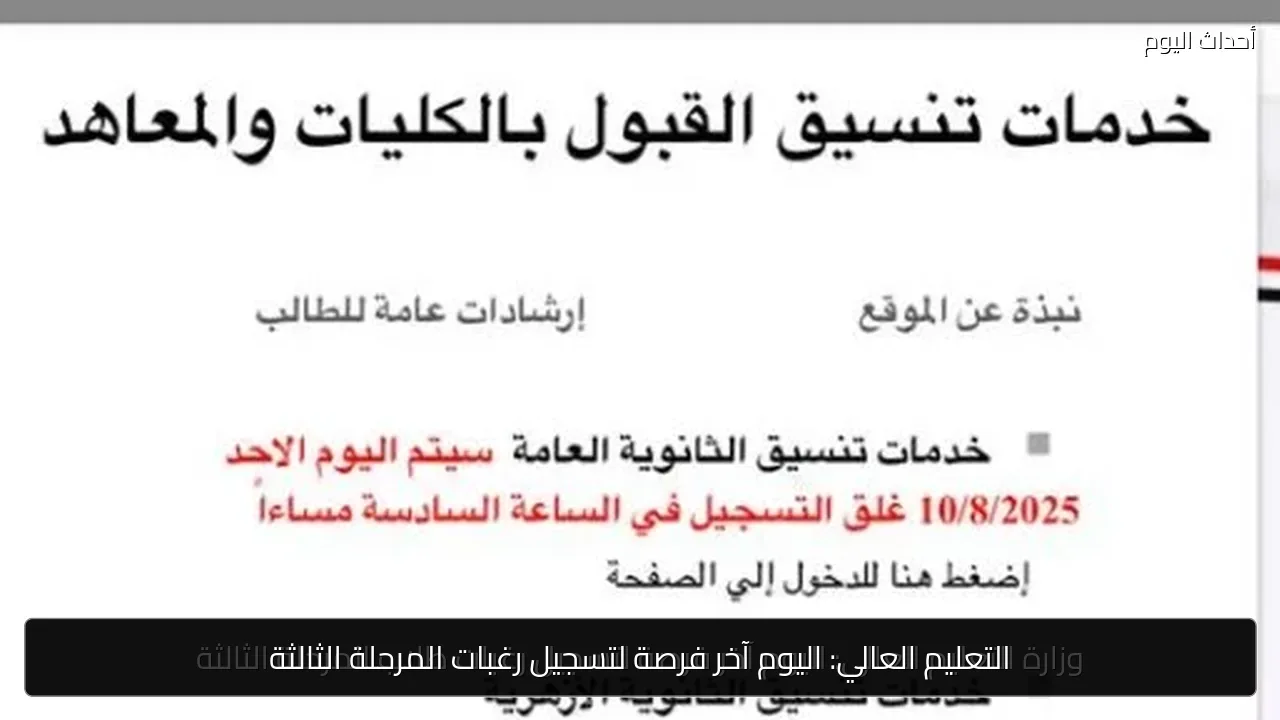 التعليم العالي: اليوم آخر فرصة لتسجيل رغبات المرحلة الثالثة