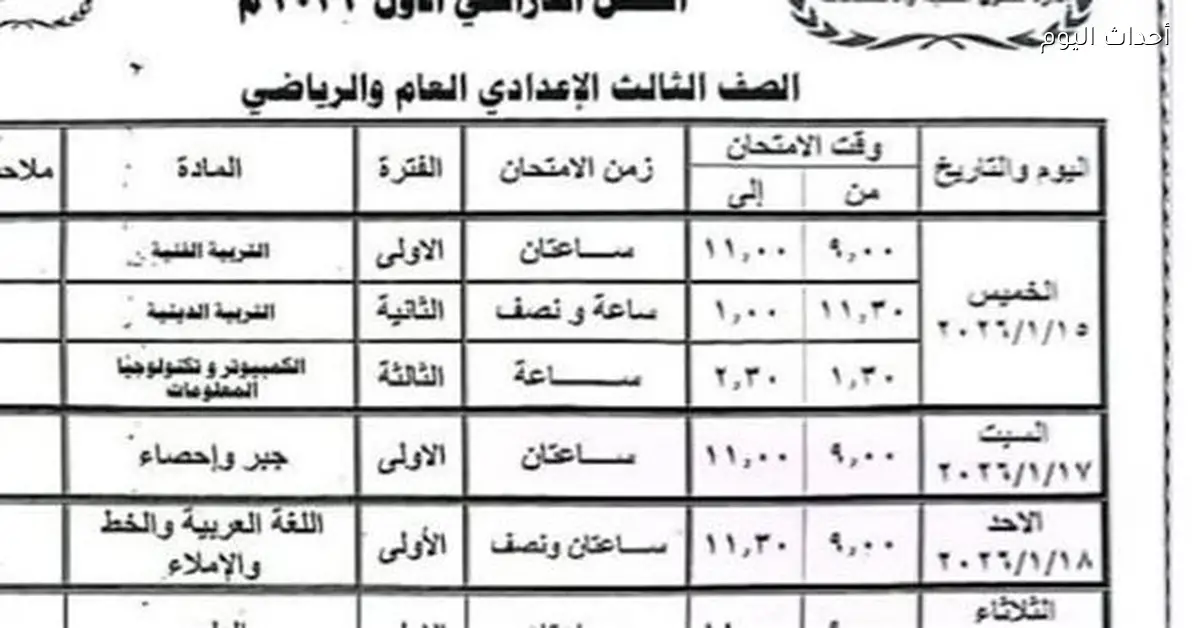 جدول امتحانات ثالث إعدادي 2026 في الشرقية: 3 مواد في اليوم الأول