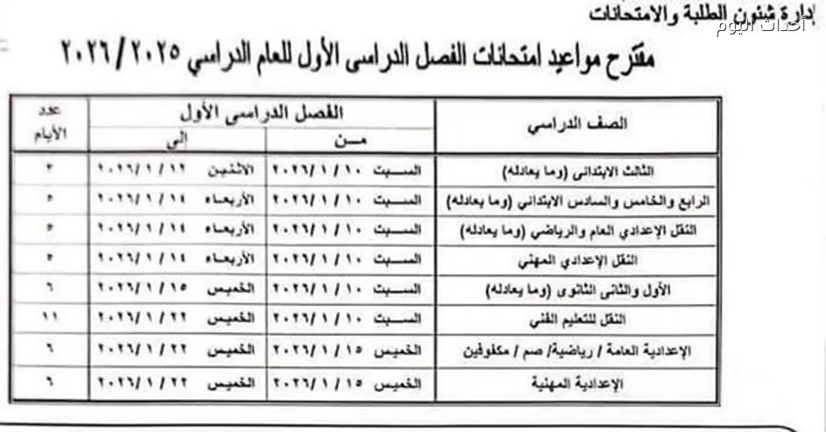 جدول امتحانات نصف العام 2026 للابتدائي والثانوي في القاهرة